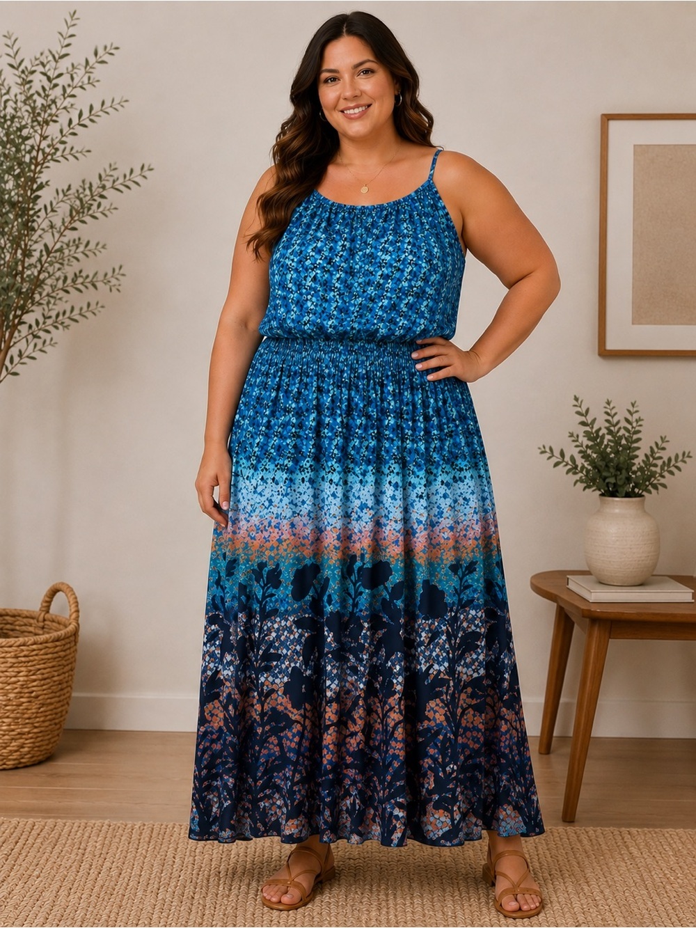 Enfocus Woman Blue Floral Smocked Flowy Maxi Dress. Size: 20W